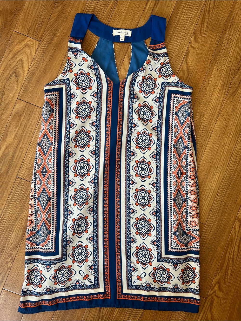 Monteau Navy, Coral & White Printed Halter Mini Dress